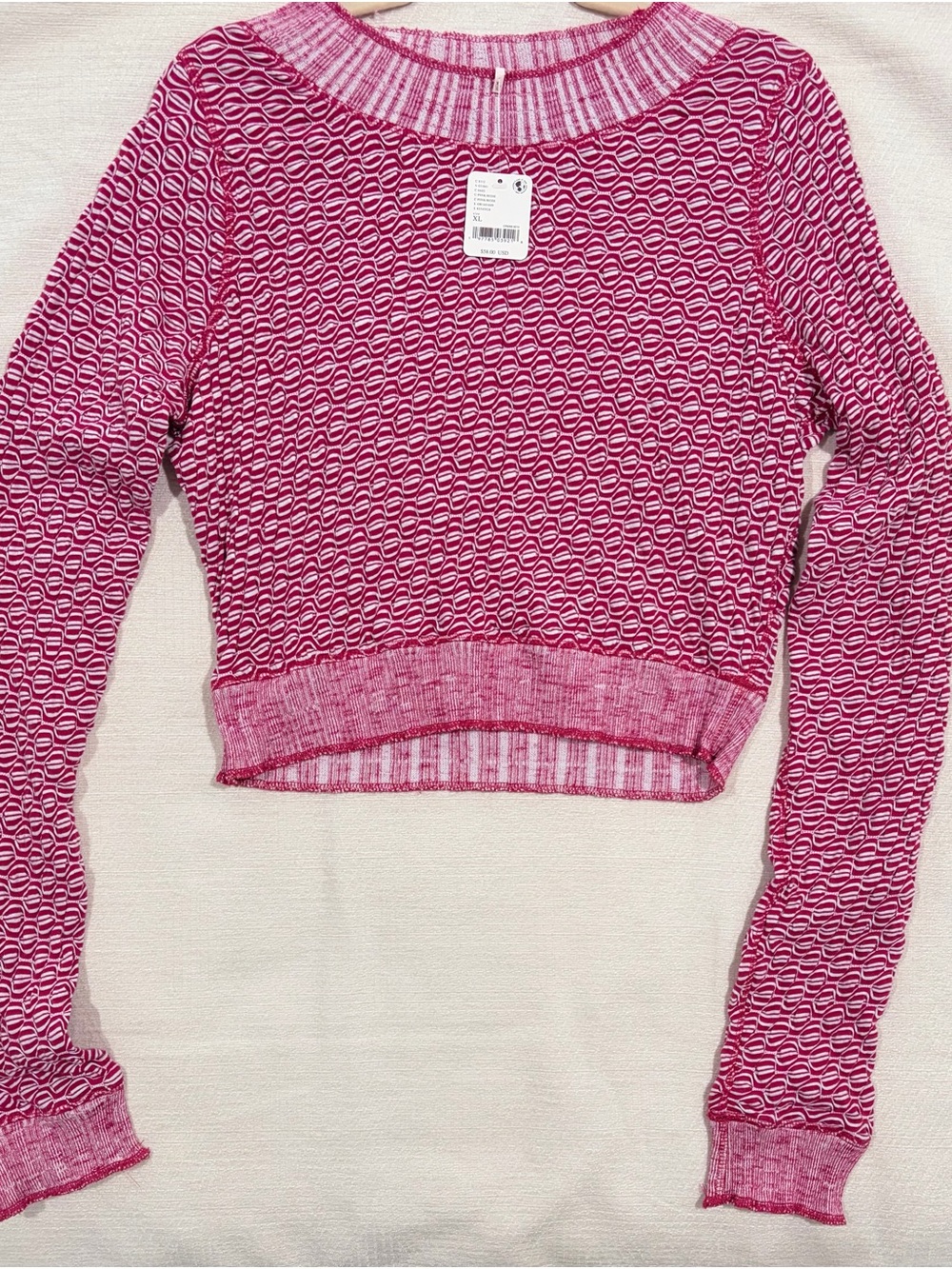 Free People Pink Patterned Cropped Long-Sleeve Sweater